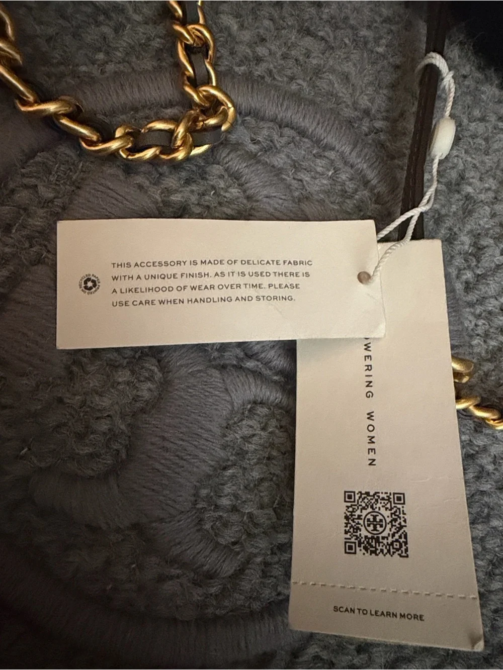 Tory Burch Gray Pebbled Wool Logo Tote with Gold-Tone Accents